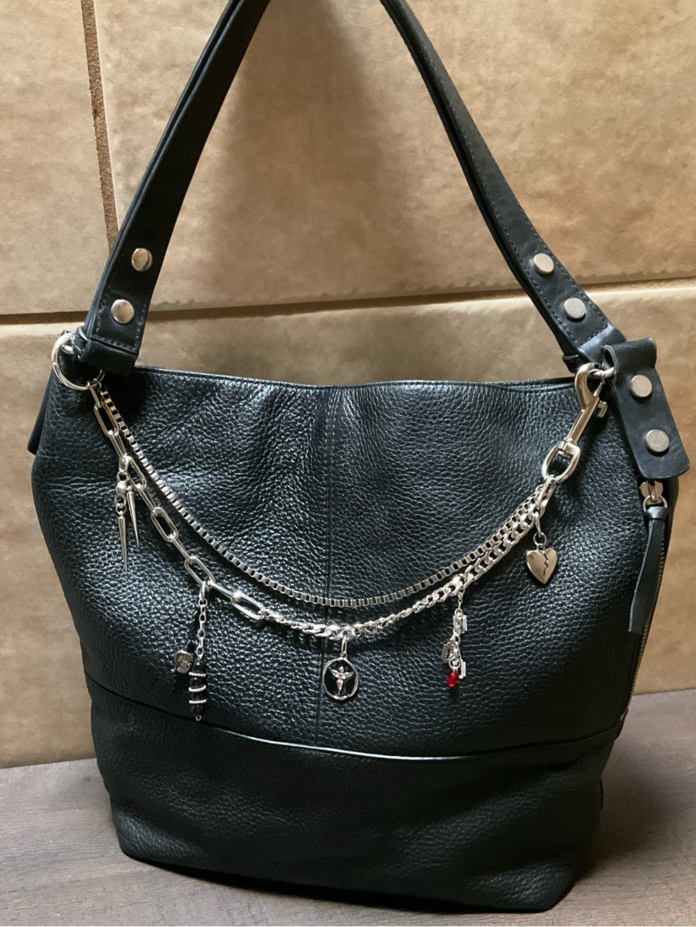 Treasure & Bond Black Leather Crossbody Hobo Slouchy Tote EMO Bag Chain charms